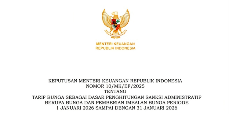 Kemenkeu Tetapkan Tarif Bunga Sanksi Administrasi Pajak Januari 2026